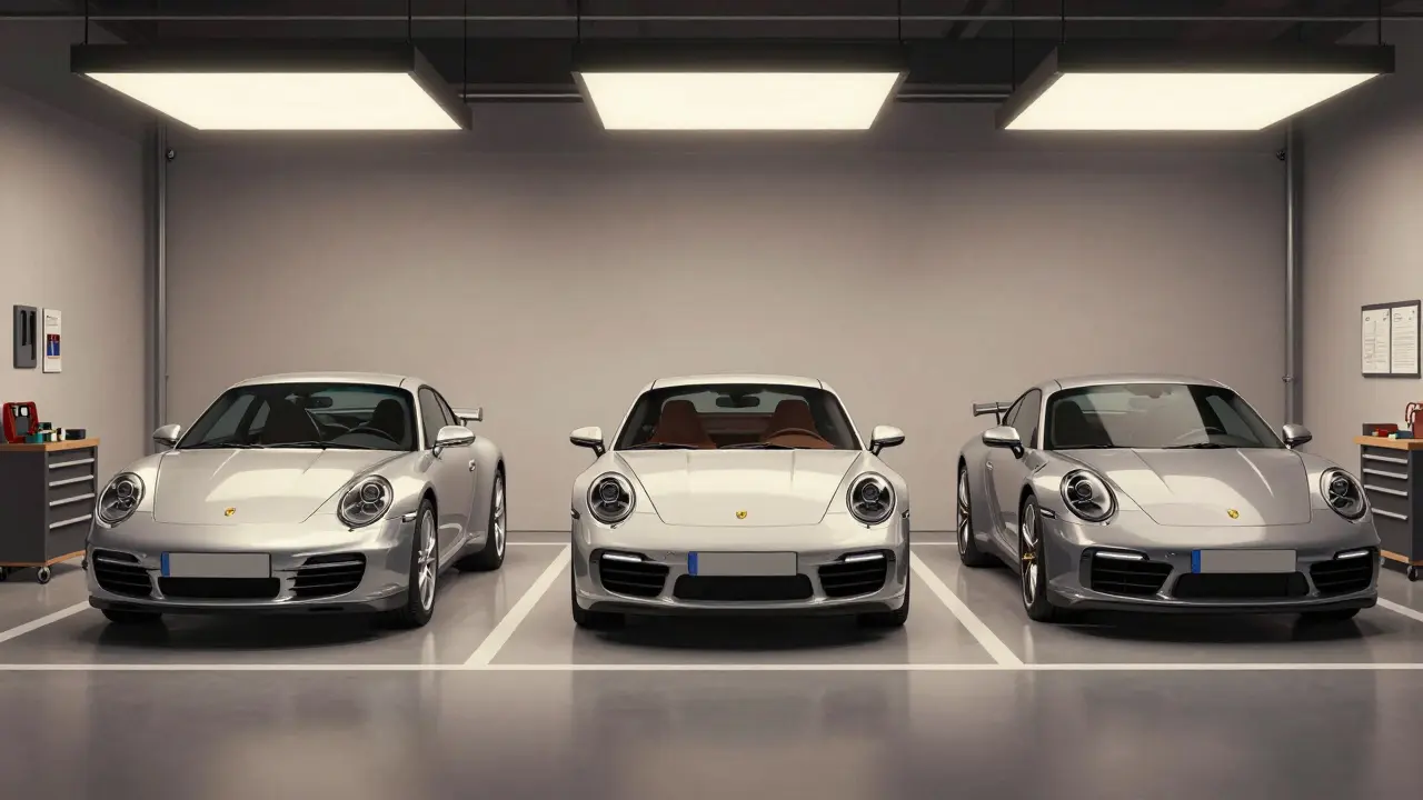 Tres generaciones de Porsche 911 lado a lado en un garaje moderno.