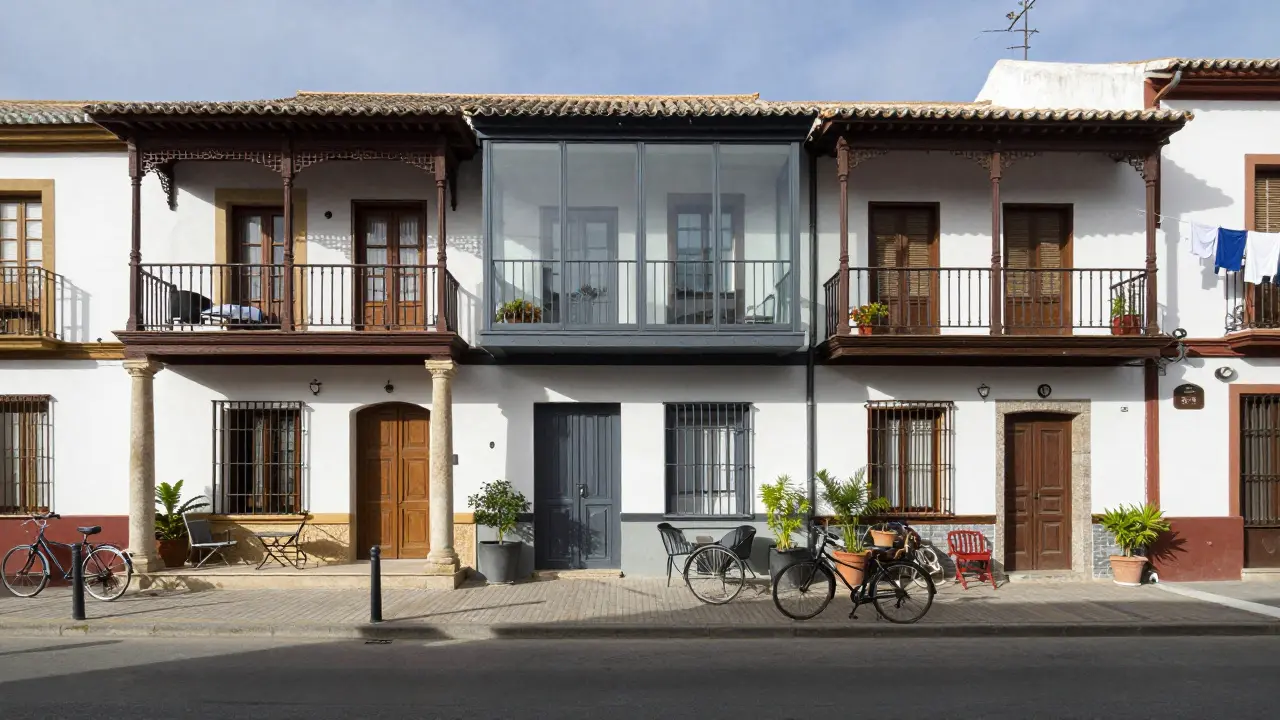Tres porches distintos en una calle de Granada, mostrando evolución arquitectónica y vida cotidiana.