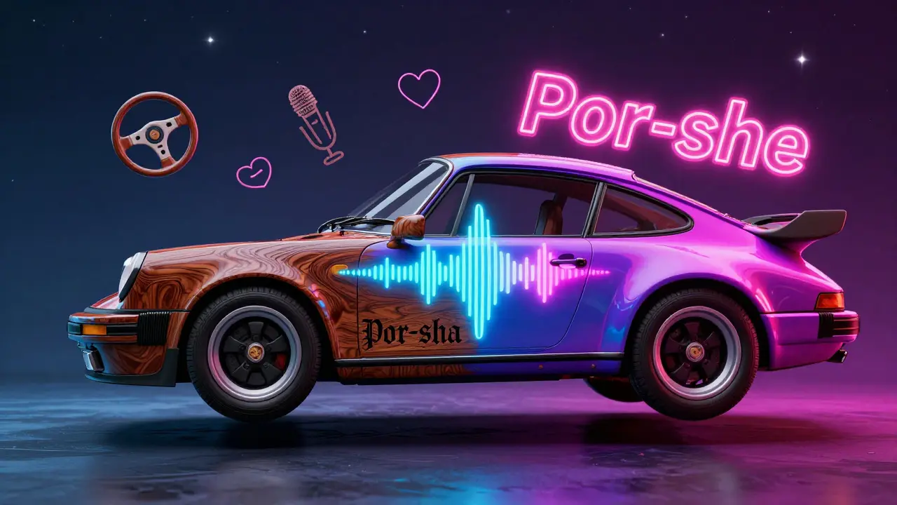 Un Porsche dividido en dos estilos: uno alemán tradicional y otro estadounidense pop, conectado por ondas de sonido.
