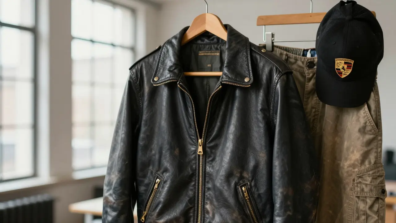 A vintage Porsche McQueen leather jacket on a wooden hanger, showing worn details, brass zippers, and an inner serial number tag.