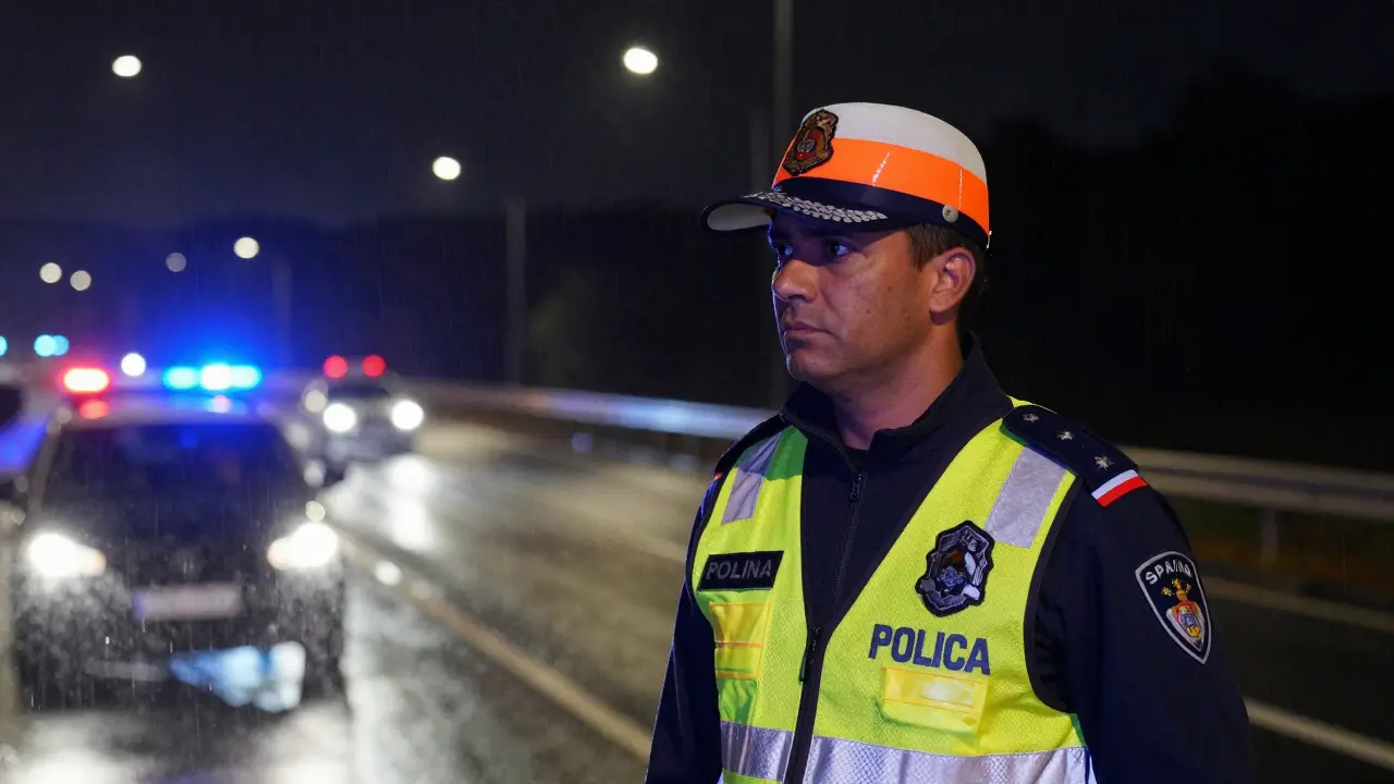 Agente de tráfico con gorra reflectante naranja bajo luces de coches en carretera nocturna.