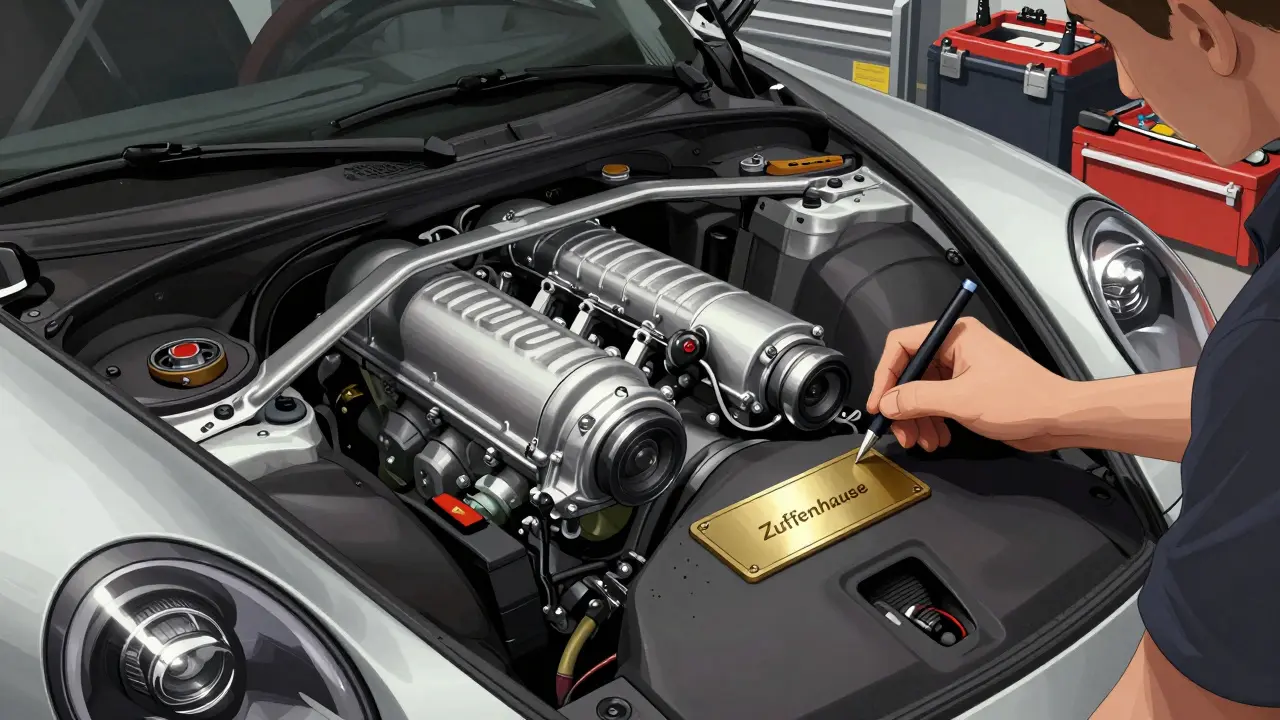Close-up of Porsche 911 GT3 engine with technician signing a personalized plaque.