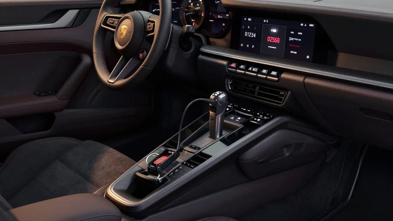 Detalle del interior de un Porsche 911 GT3 992 con escáner conectado y códigos de error en la pantalla.