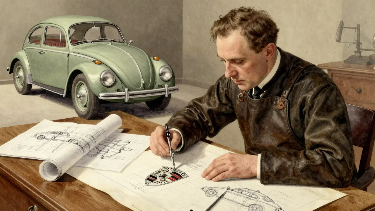 Ferdinand Porsche dibujando planos de automóviles en su taller, con luces cálidas y bocetos antiguos alrededor.
