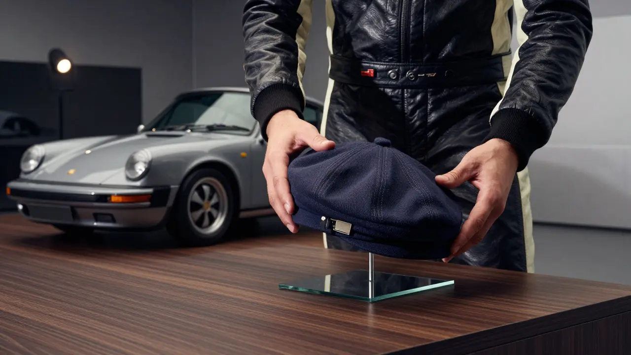 Gorra de campaña de Porsche en exhibición junto a un modelo 911, en un entorno moderno y minimalista.
