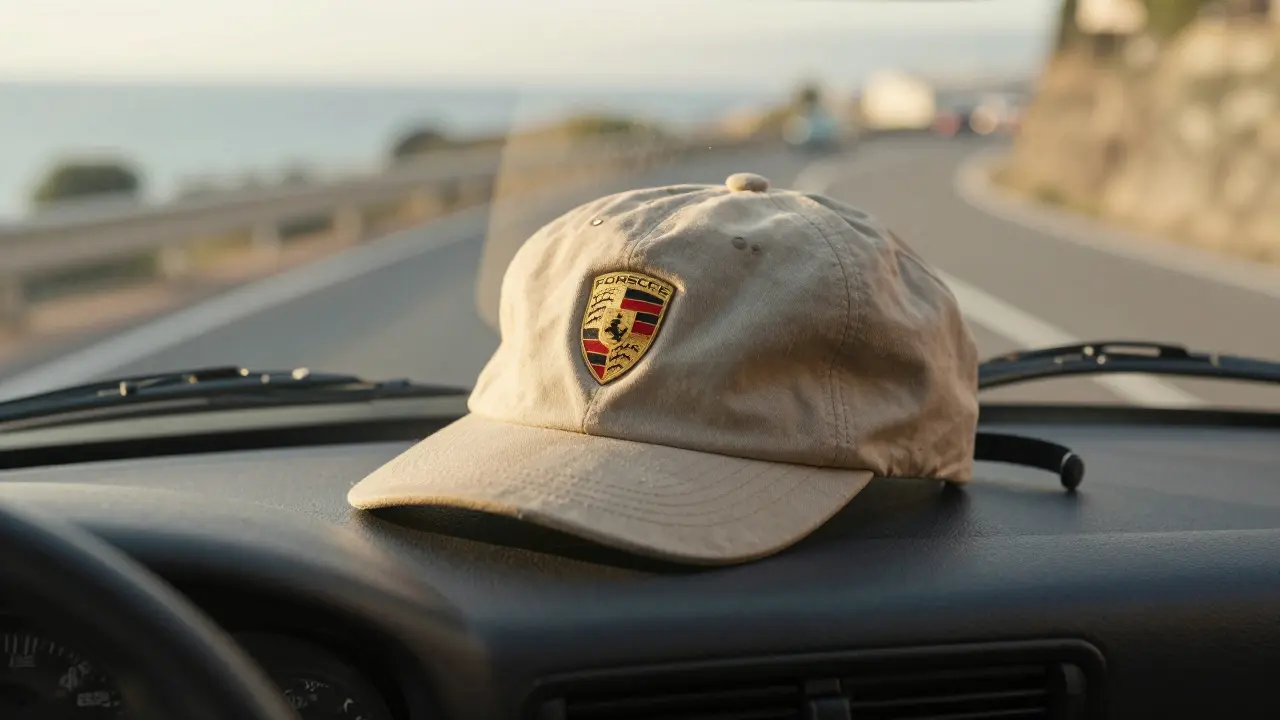 Gorra de campaña usada descansando sobre el tablero de un Porsche 911, con luz solar entrando por el parabrisas.