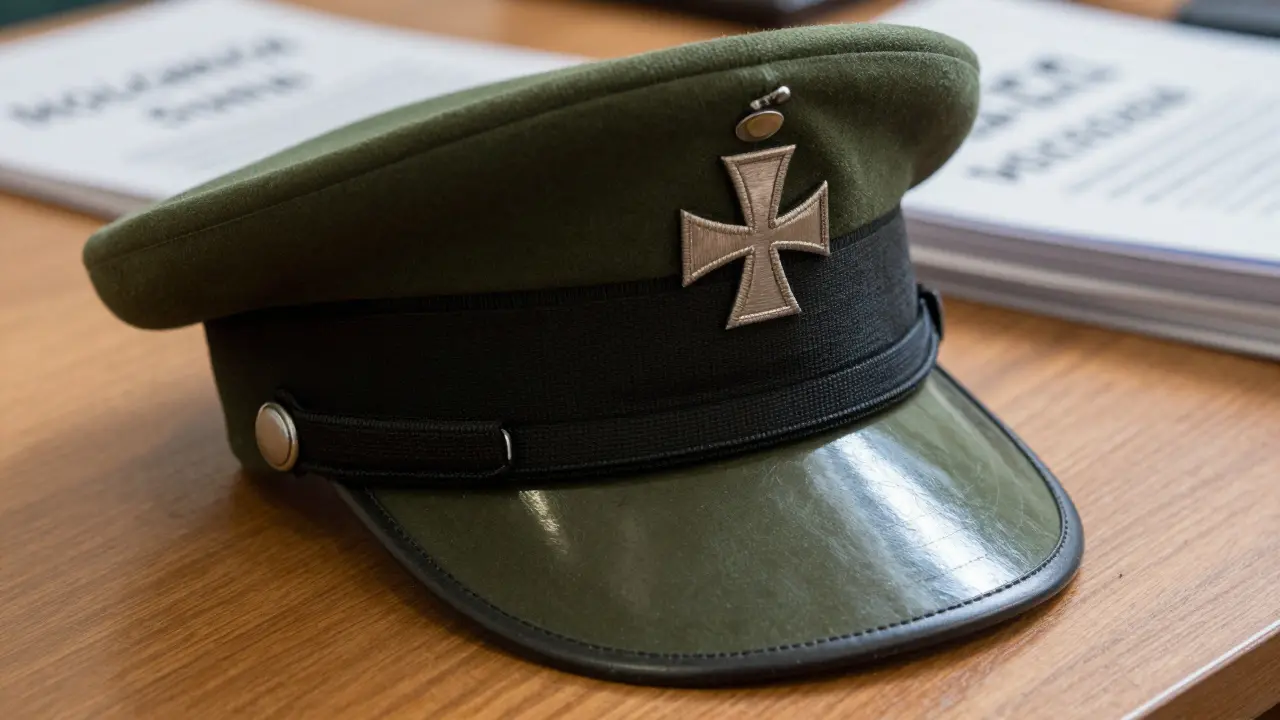 Gorra de la Guardia Civil con emblema de la Cruz de Santiago sobre una mesa, detalles de costura y correa interna.