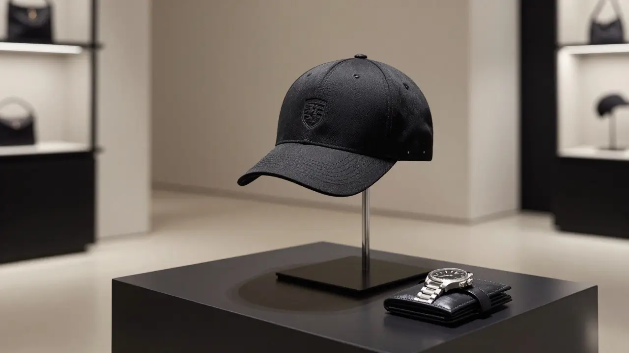 Gorra Porsche Design exhibida en una tienda de lujo junto a reloj y billetera de cuero.