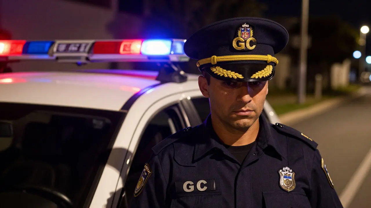 Guardia Civil con gorra que lleva las siglas 'GC' en dorado y el escudo nacional.