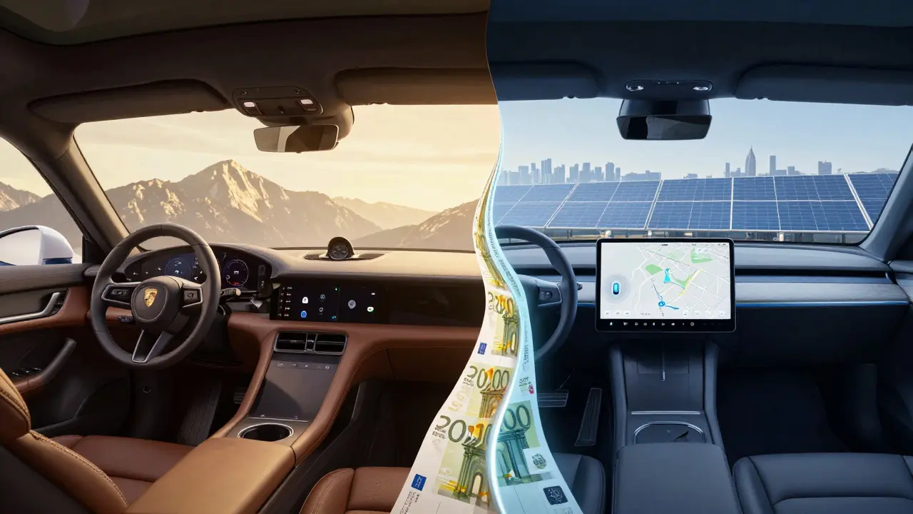 Interior de Porsche y Tesla divididos visualmente: lujo cálido vs. tecnología fría, con paisajes de fondo simbólicos.