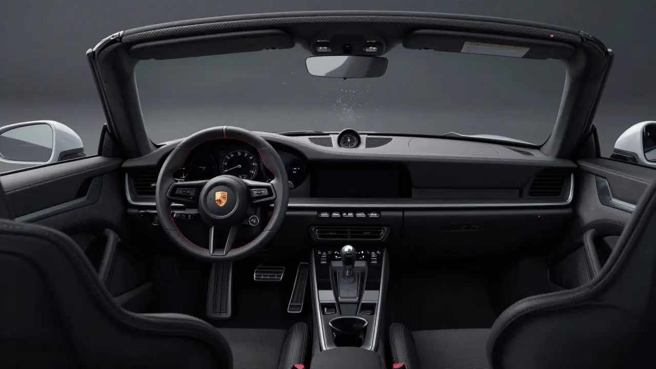 Interior minimalista del Porsche 911 GT3 RS Heritage Edition con volante de cuero rojo, reloj analógico y techo de fibra de carbono, sin pantallas.