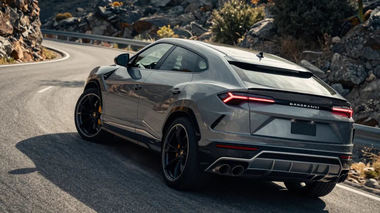 Lamborghini Urus taking a sharp turn on a mountain road with glowing exhaust and focused driver.