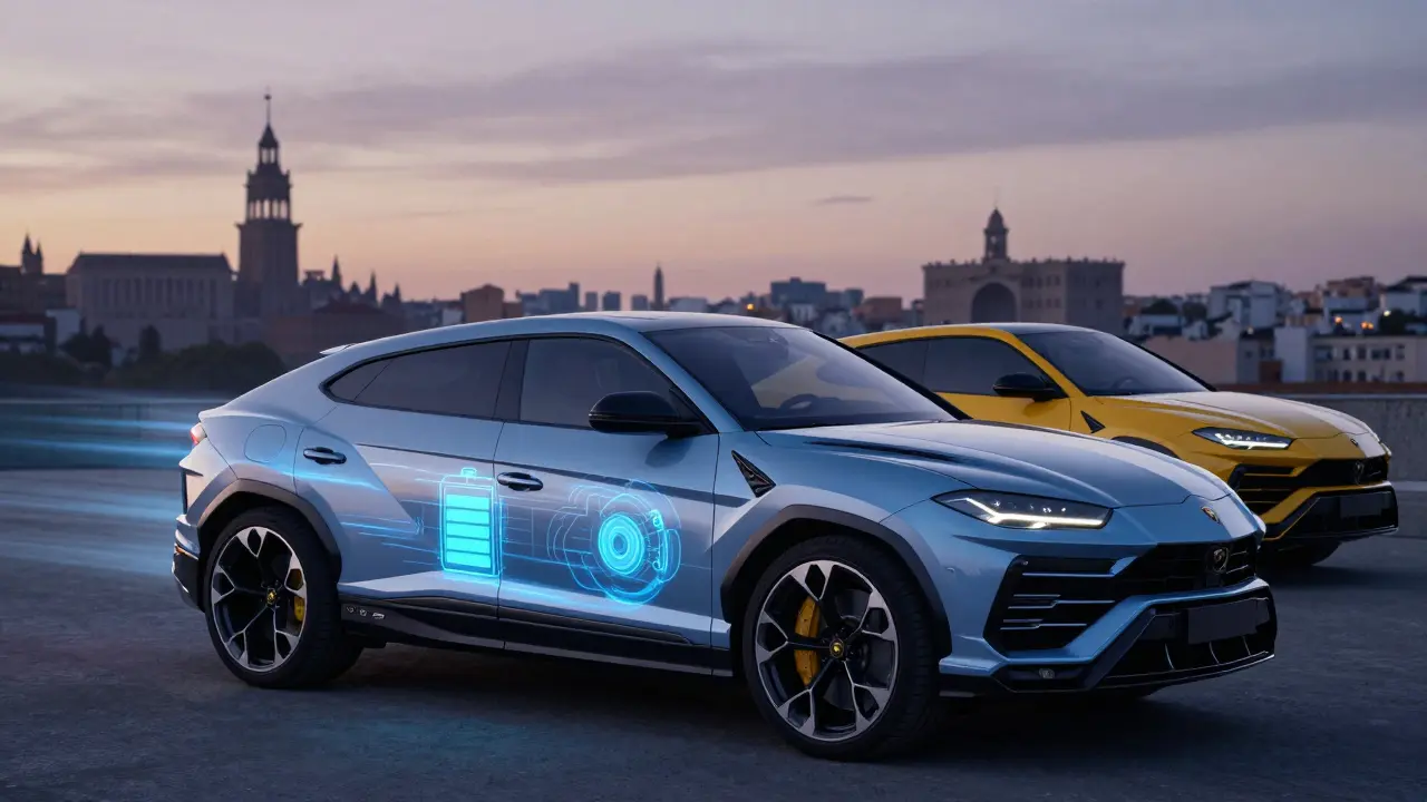 Lamborghini Urus transitioning into a hybrid version with glowing electric energy lines at twilight.