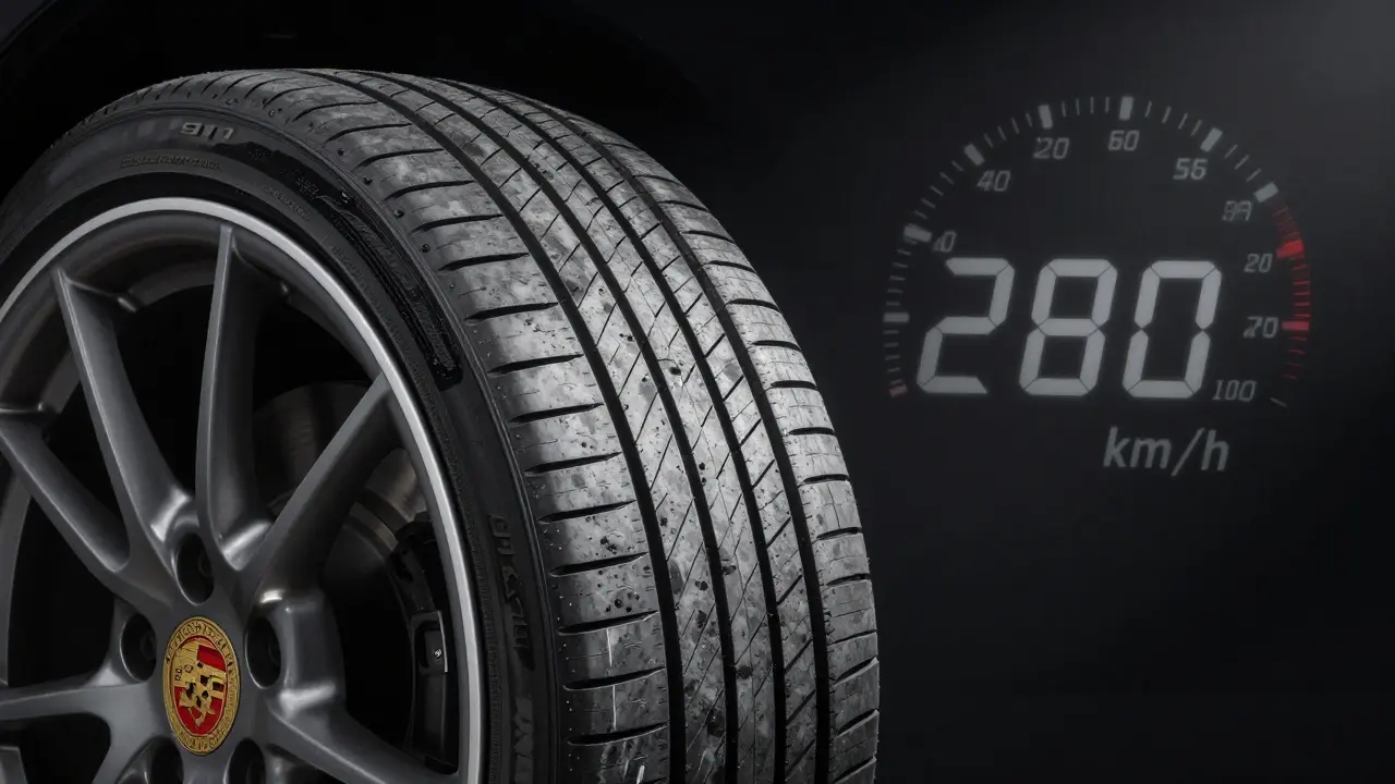 Neumático trasero del Porsche 911 Carrera 4S con desgaste desigual y lectura de velocidad reducida.