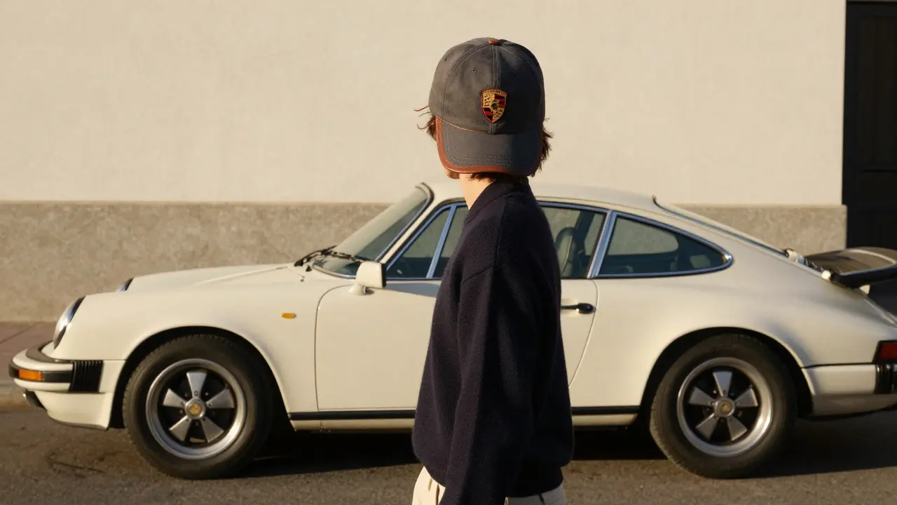 Persona caminando en Madrid con gorra Porsche Heritage junto a un Porsche 911 de los años 70.