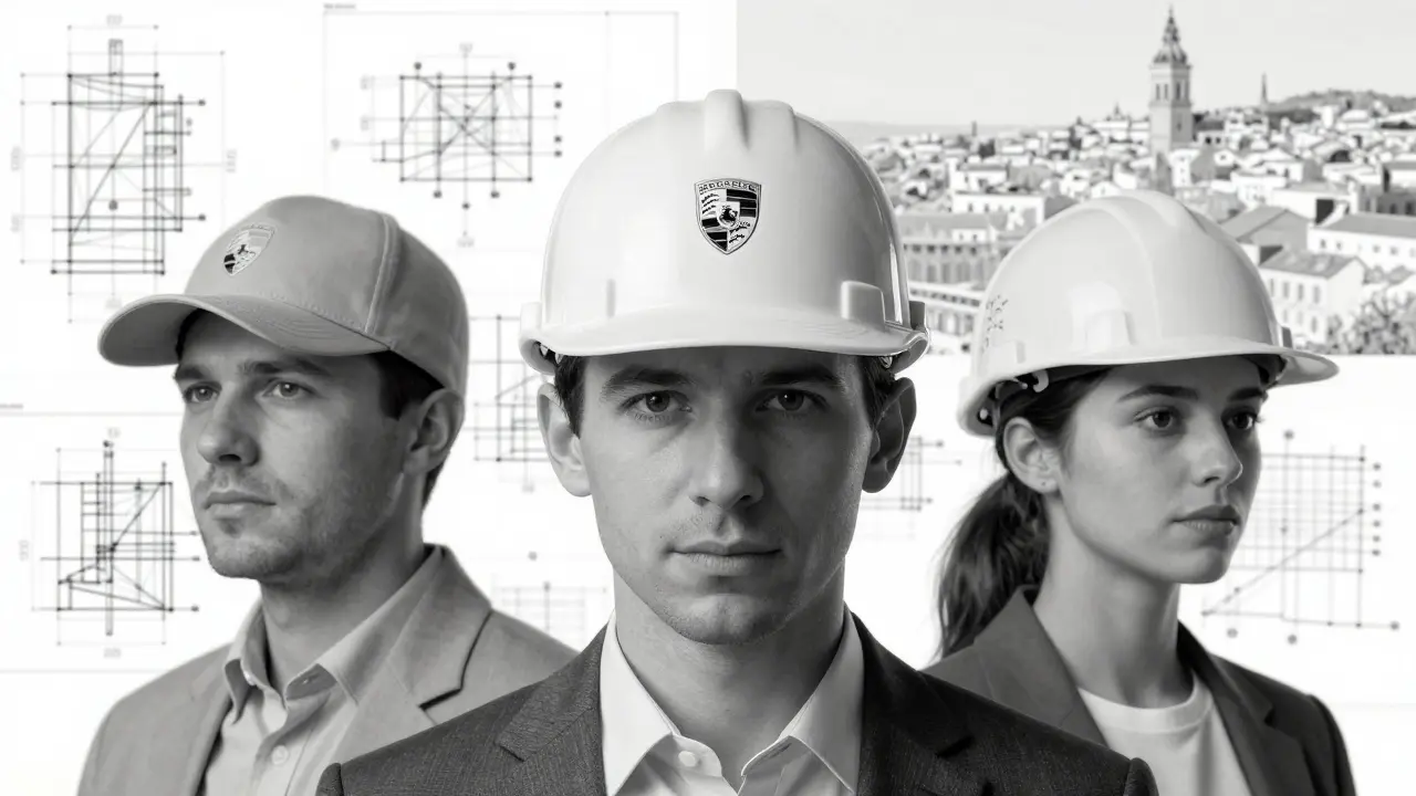 Persona usando gorra Porsche Design con trasfondo de planos de ingeniería y paisaje urbano.