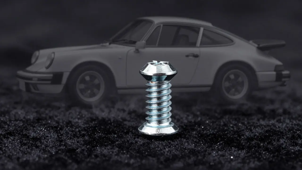 Pieza original de 5 mm de un Porsche 911 de 1985, magnificada y resaltada con luz dramática.
