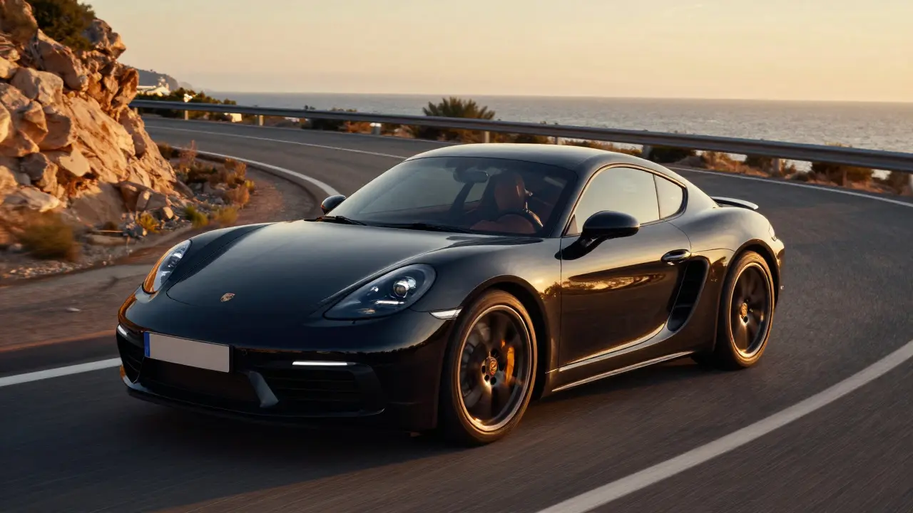 Porsche 718 Cayman S tomando una curva en la costa de Valencia al atardecer.