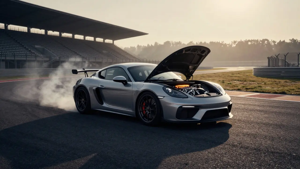 Porsche 718 GT4 en una pista al amanecer, con alerón trasero y capó abierto.