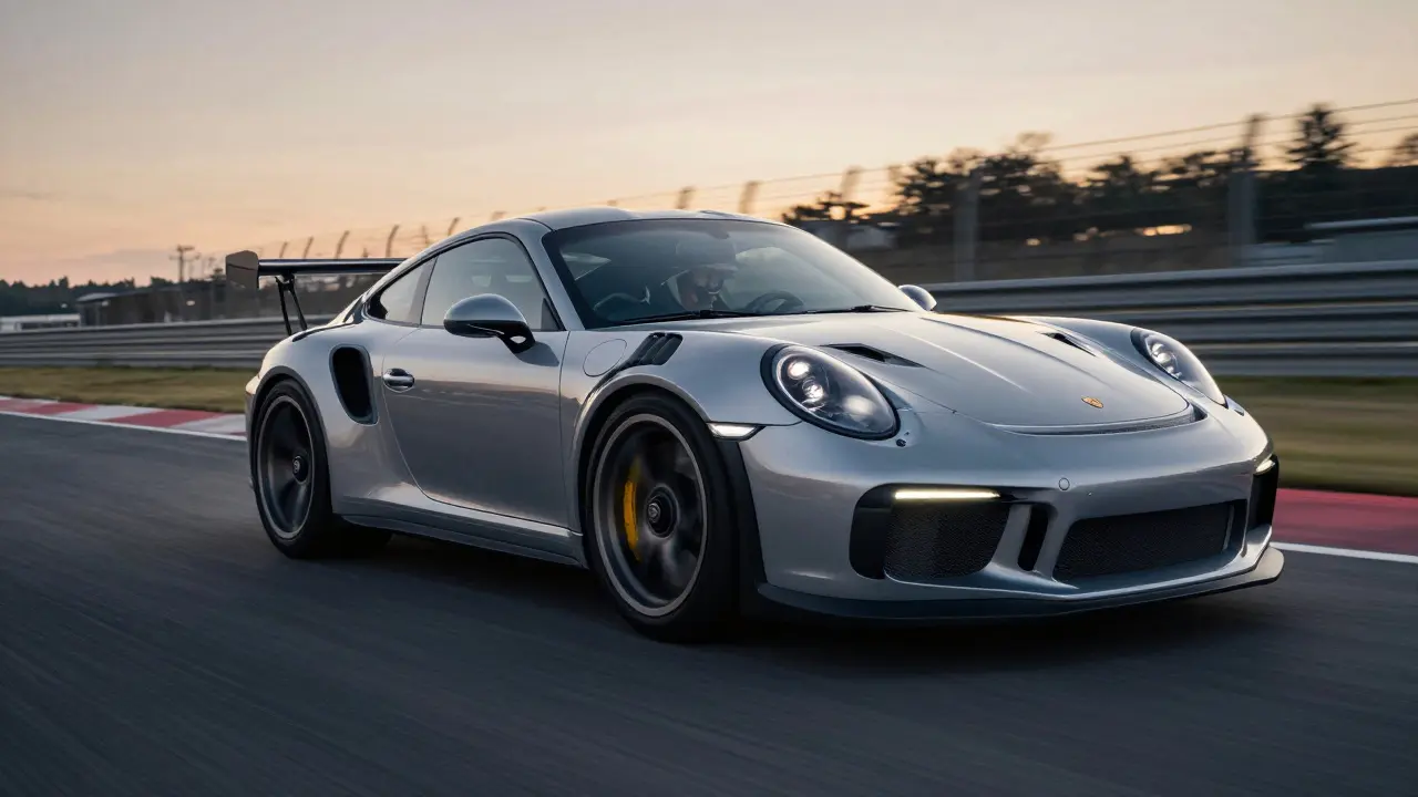 Porsche 911 GT3 RS en curva de circuito con piloto en traje de carrera.