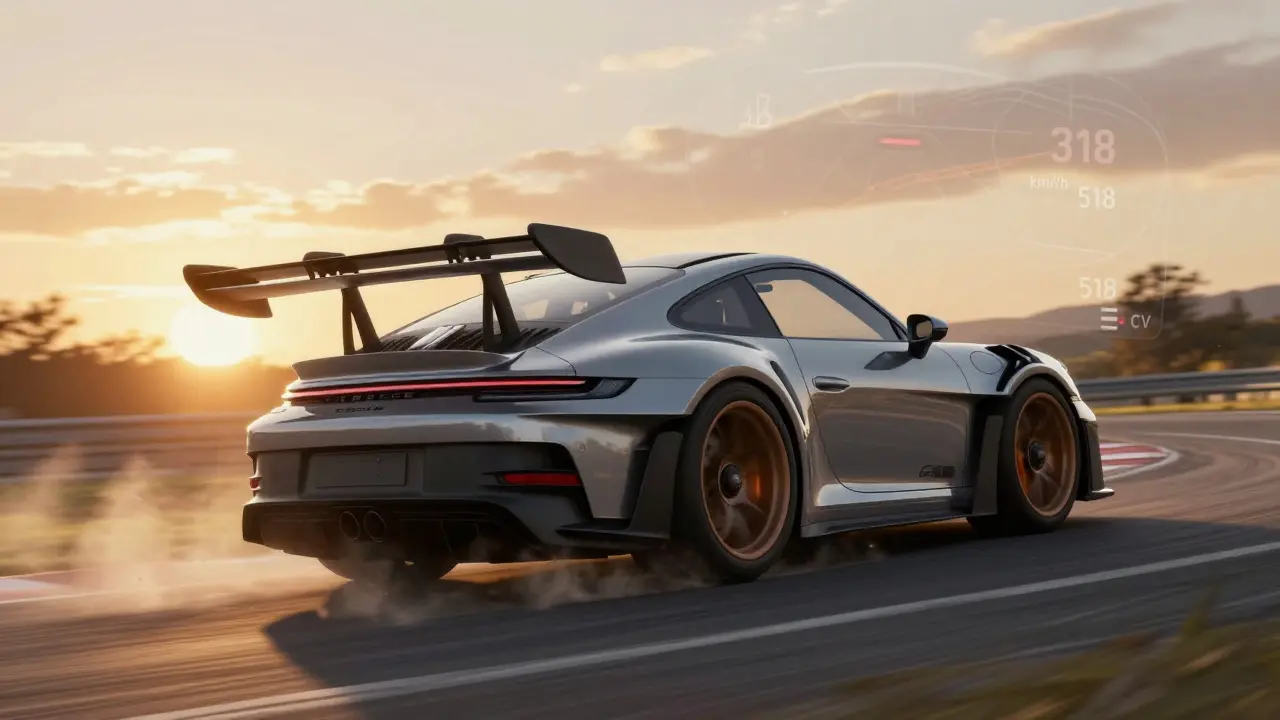 Porsche 911 GT3 RS tomando una curva a alta velocidad con downforce visible y velocidad de 318 km/h.