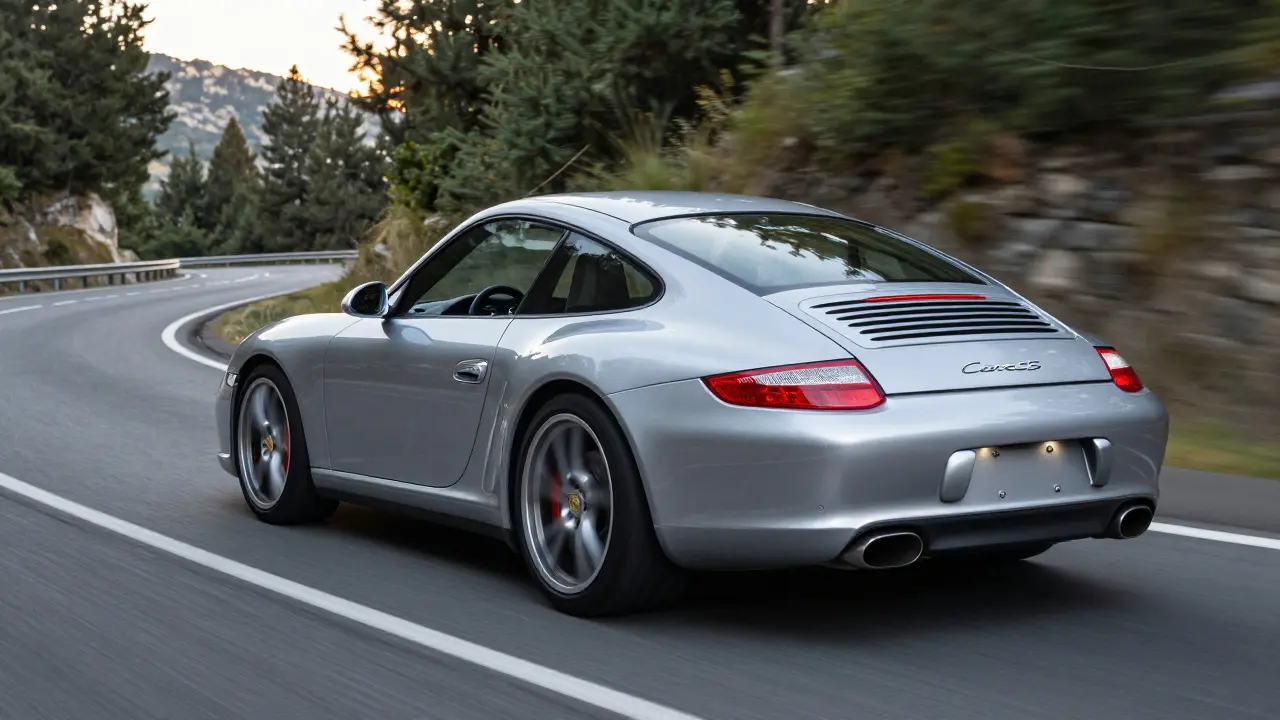 Porsche 997 Carrera S en una curva de montaña, luces traseras encendidas, conducción deportiva.