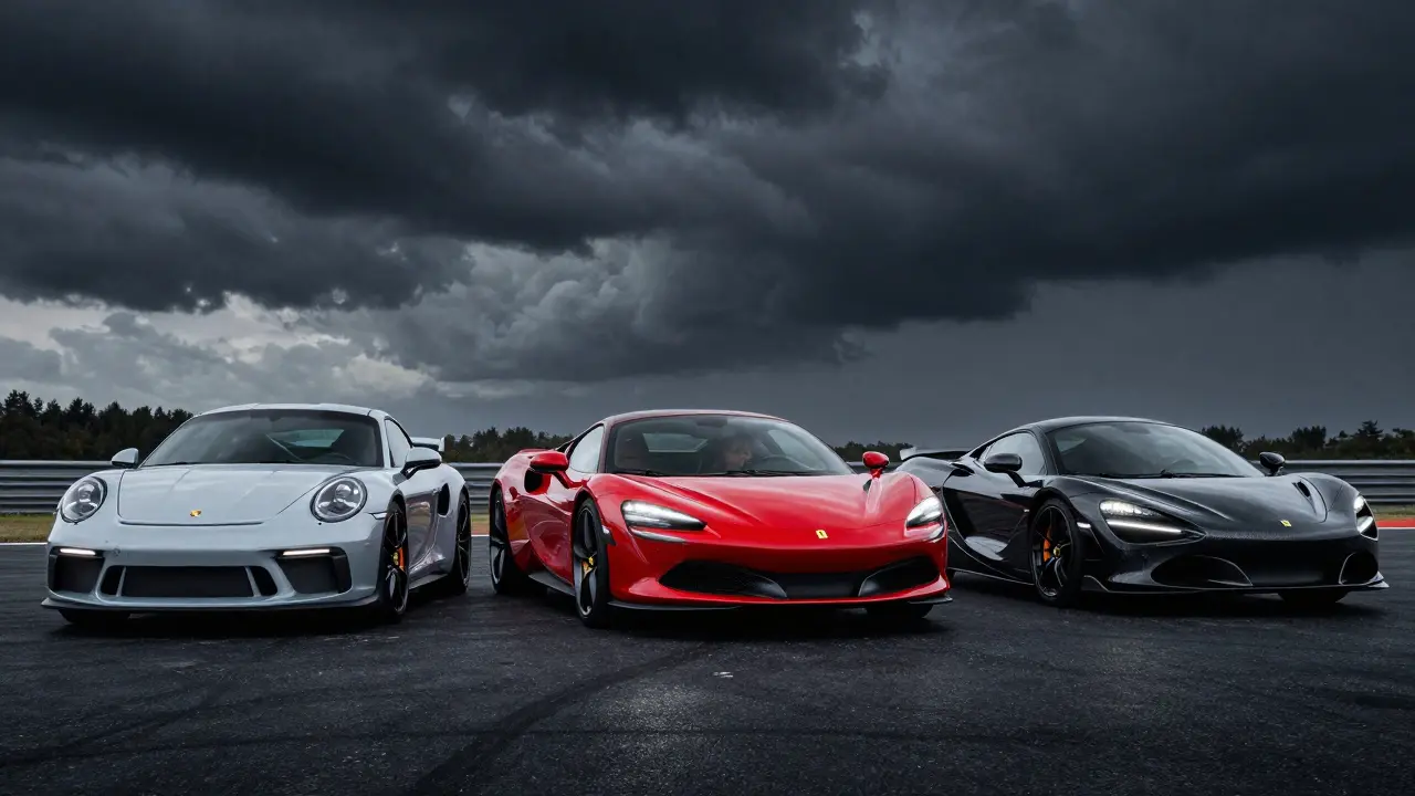 Side-by-side comparison of Porsche GT3, Ferrari 296 GTB, and McLaren 720S on a racetrack.