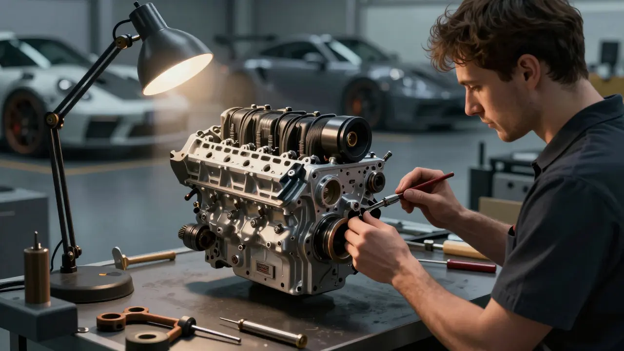 Técnico montando manualmente el motor de 4.0 litros de un Porsche 911 GT3 RS en la fábrica de Zuffenhausen.