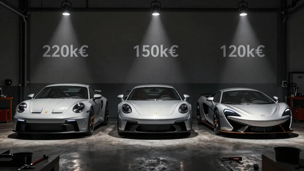 Tres deportivos comparados: Porsche GT3 992, GT3 991.2 y McLaren 570S en un garaje iluminado.