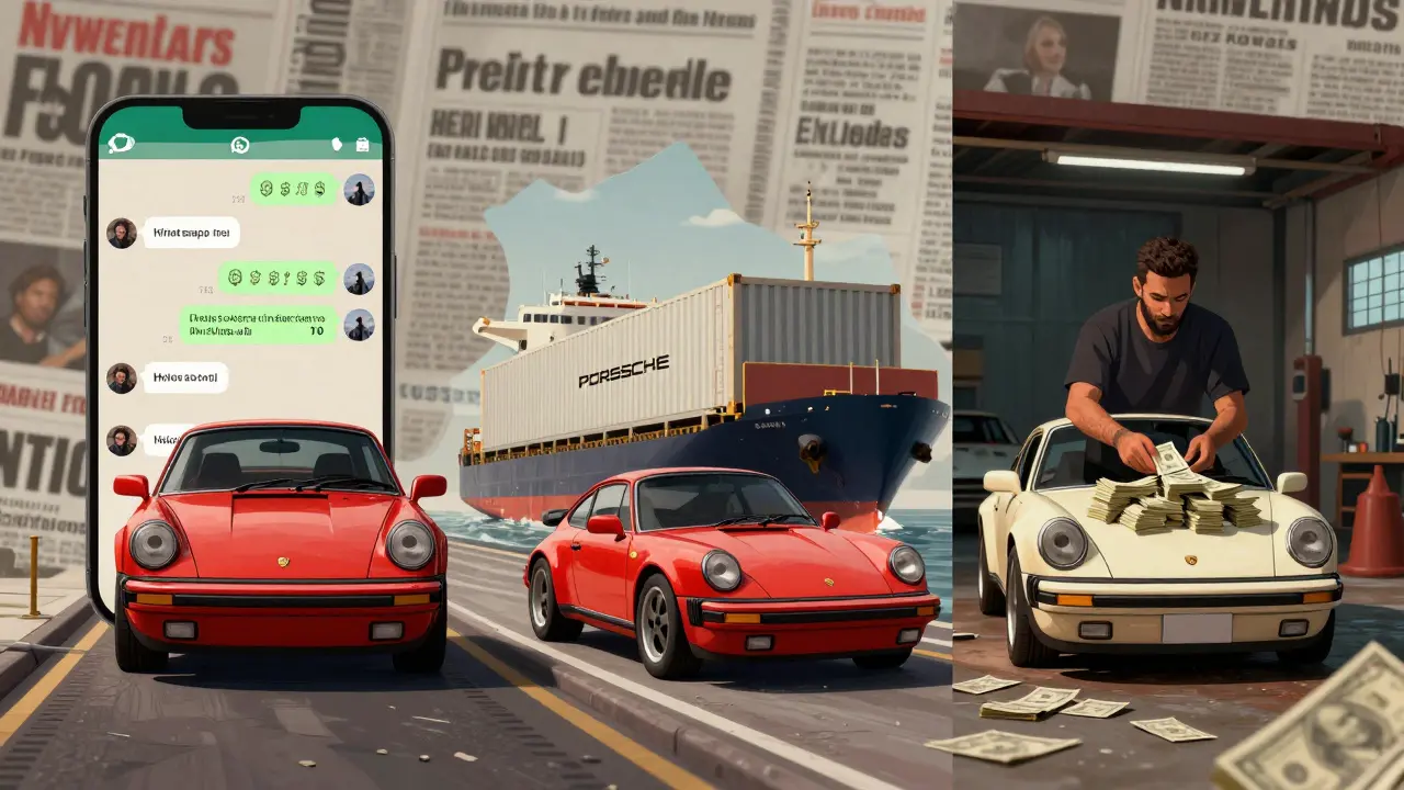 Tres escenas: un chat de WhatsApp falso, un barco con contenedores y una transacción en efectivo en dólares.