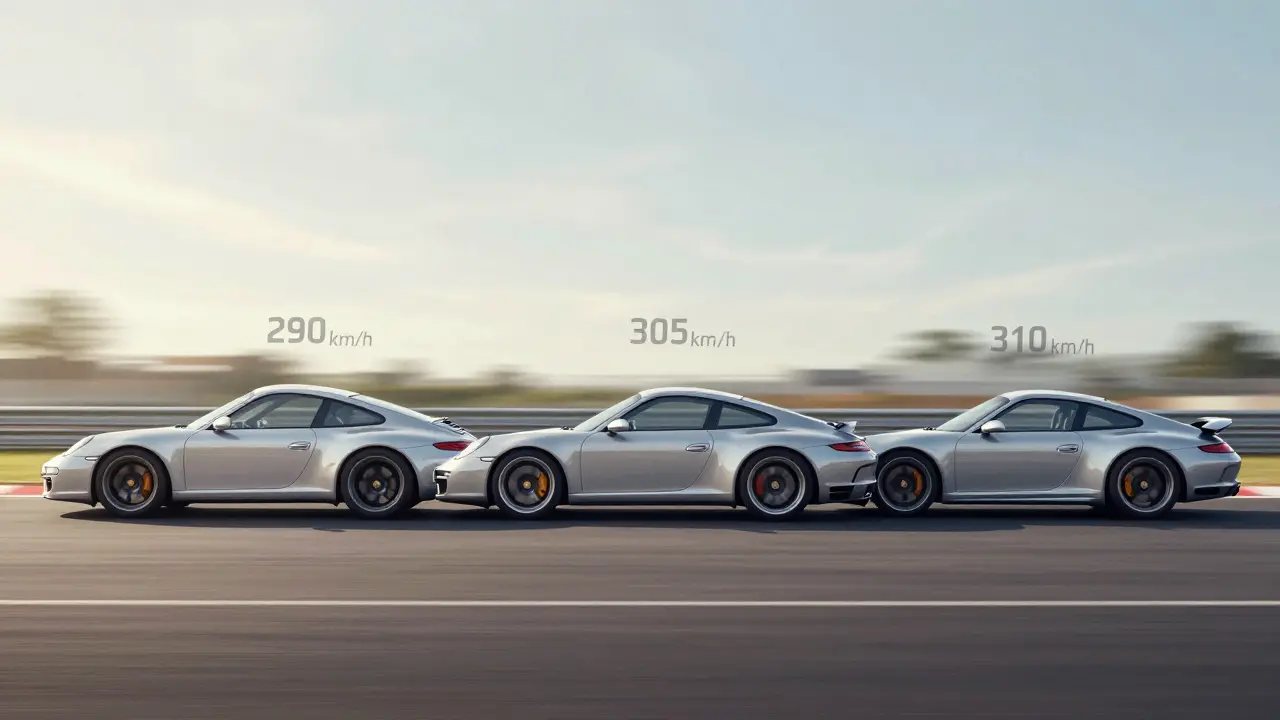 Tres generaciones del Porsche 911 Carrera 4S alineadas, mostrando el aumento de velocidad máxima con el tiempo.
