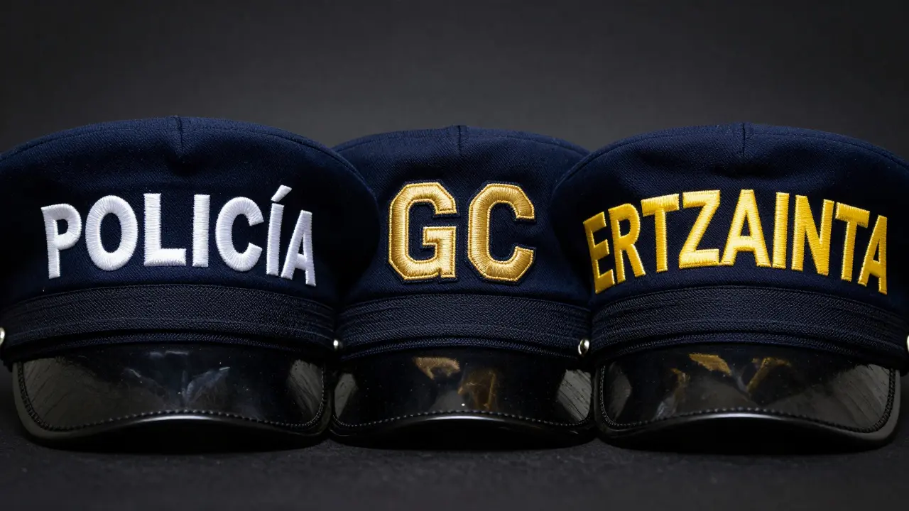 Tres gorras policiales españolas con inscripciones en mayúsculas: POLICÍA, GC y ERTZAINTA.