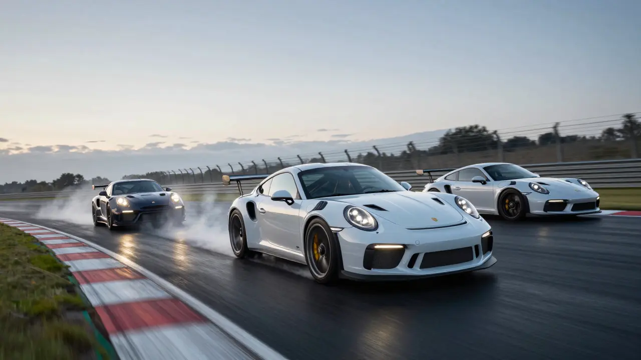 Tres Porsche 911 en una pista de carreras al amanecer: el GT3 RS lidera, con el Turbo S y RSR detrás, con humo de neumáticos y movimiento dinámico.