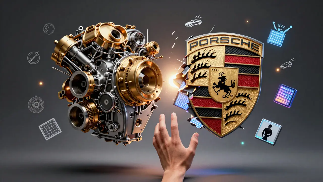 Un logotipo de Porsche dividido entre motor de combustión y batería eléctrica, buscando equilibrio.