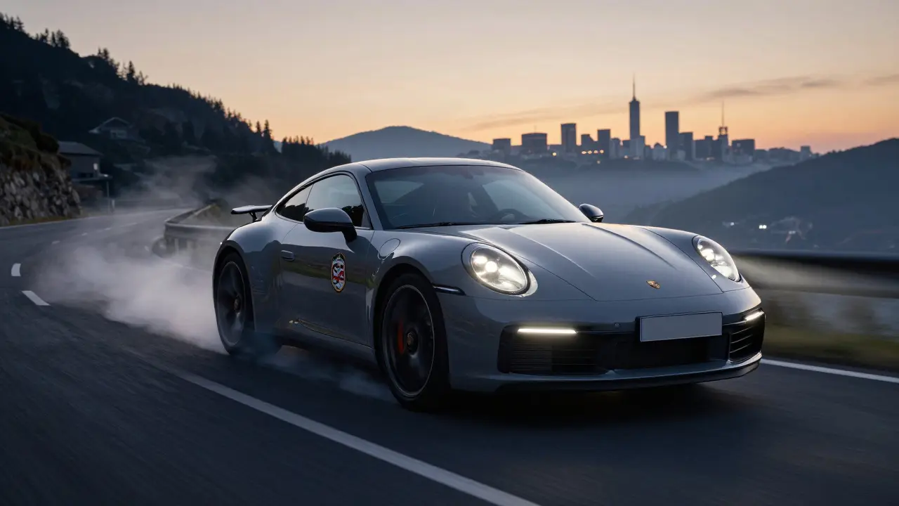 Un Porsche 911 acelerando por una carretera montañosa al atardecer, con neblina y luces de la ciudad al fondo.
