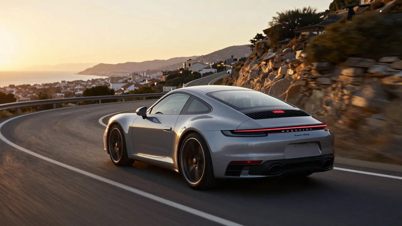 Un Porsche 911 Carrera recorriendo una curva montañosa en Valencia, con el mar Mediterráneo al fondo al atardecer.