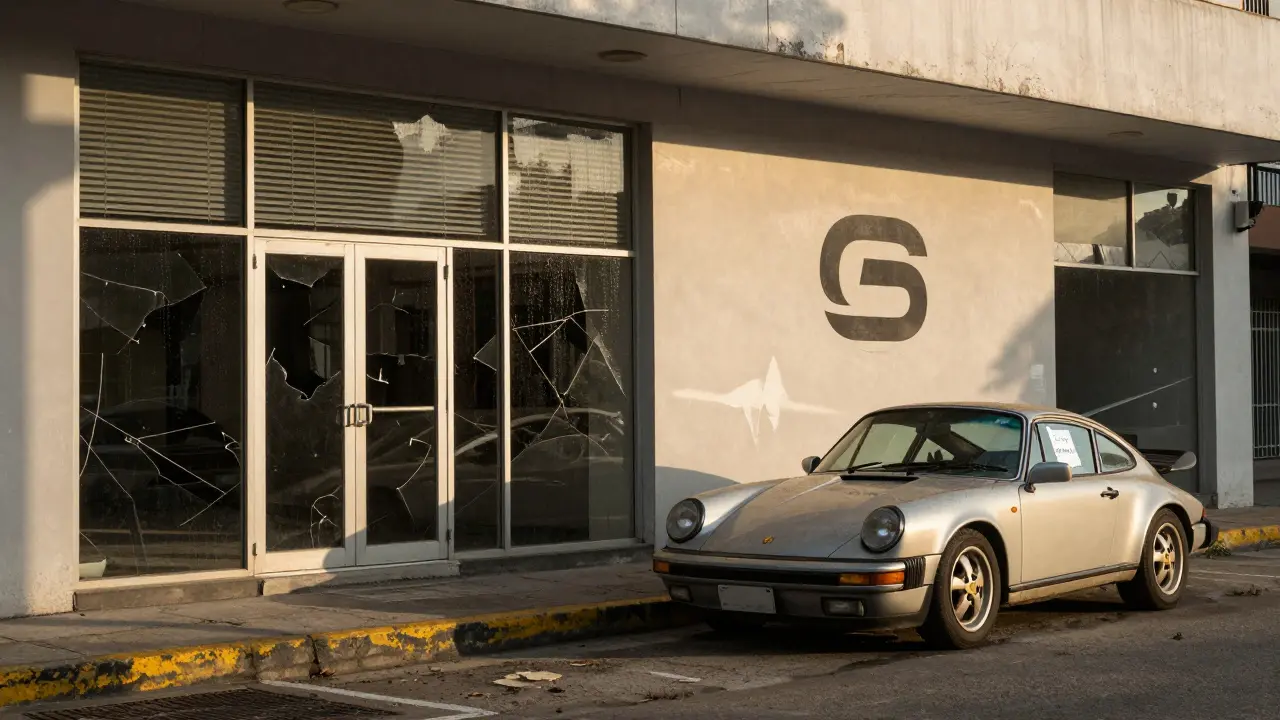 Un Porsche 911 sin placas en el borde de una concesionaria abandonada, bajo una luz dorada de atardecer.