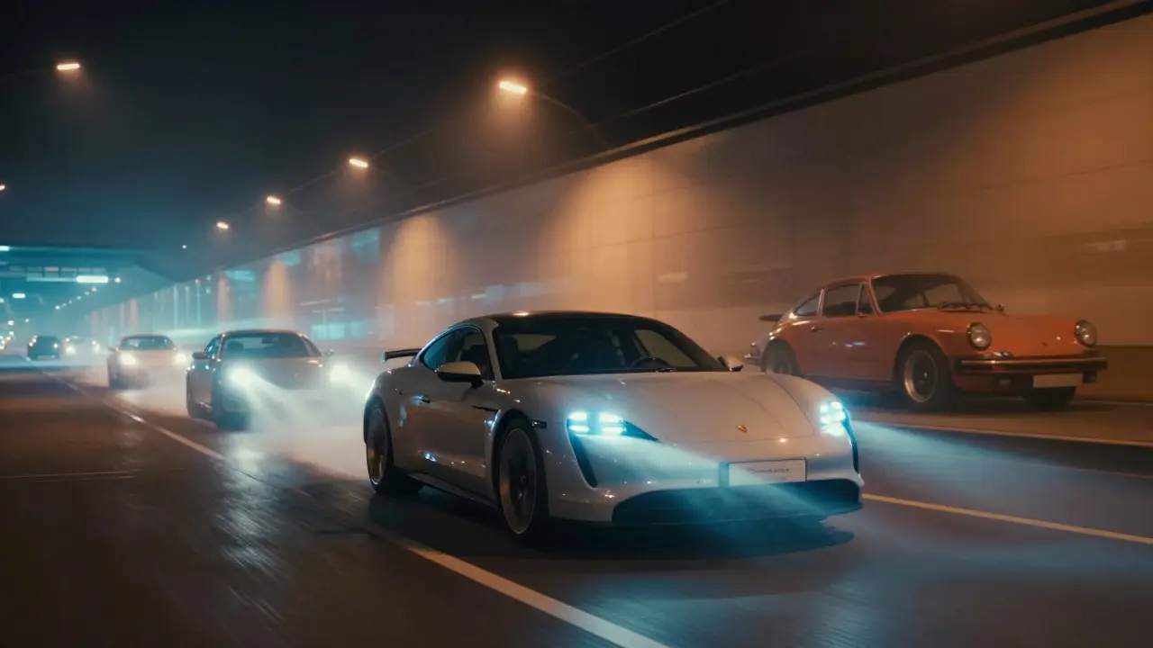 Un Taycan eléctrico avanza por un túnel urbano mientras siluetas de 911 clásicos desaparecen en la niebla.
