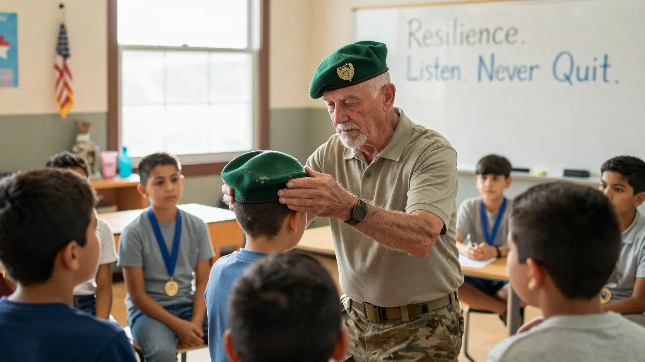 Un veterano Green Beret coloca su boina verde en la cabeza de un niño en un centro comunitario de Texas.