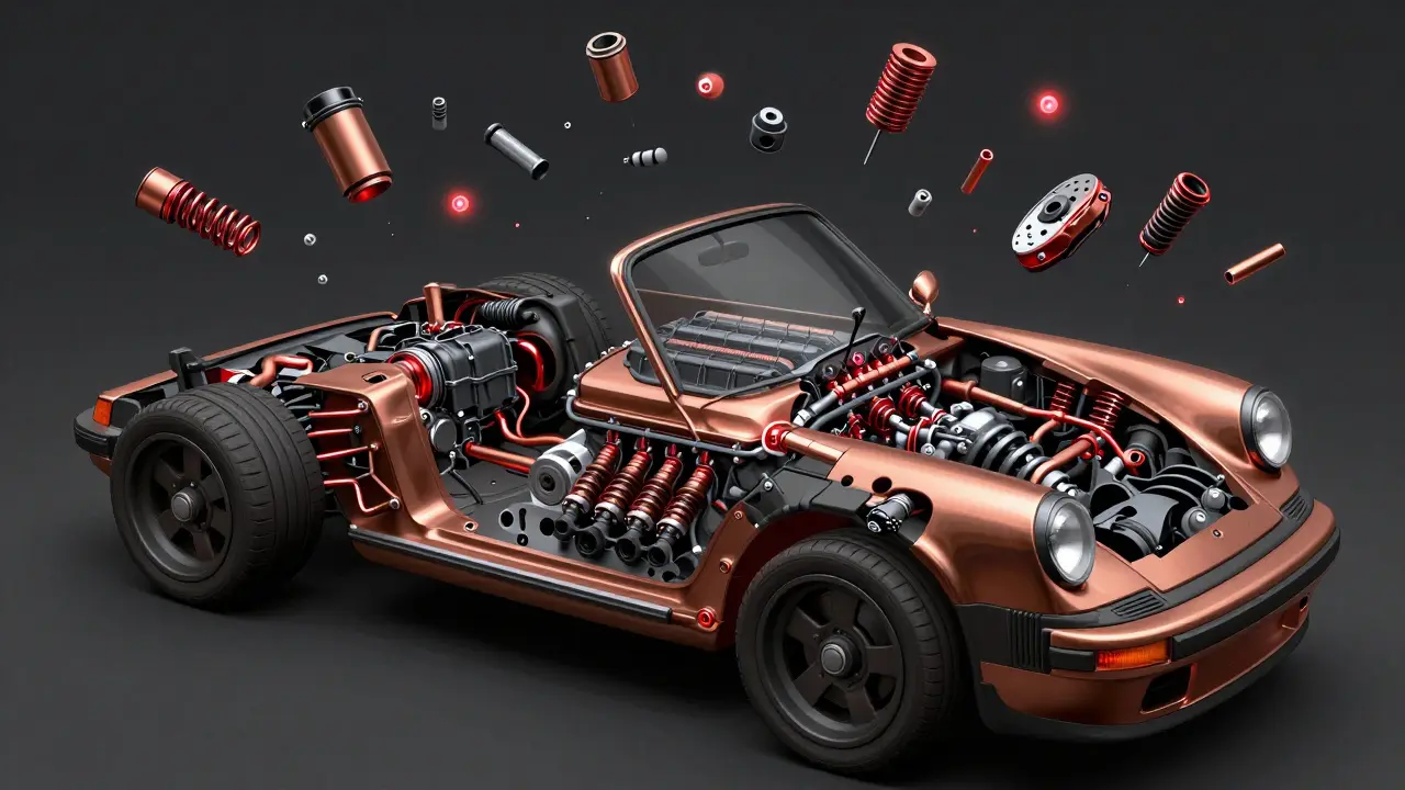 Vista cruzada del motor y chasis de un Porsche 911, mostrando miles de componentes mecánicos interconectados.