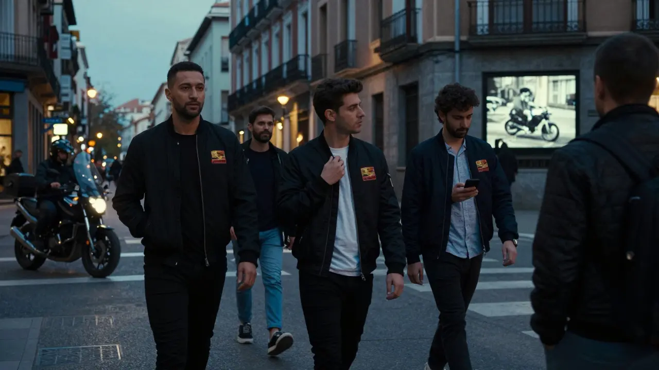 Young people in Spanish cities wearing Porsche McQueen jackets at dusk, walking with quiet confidence under urban streetlights.