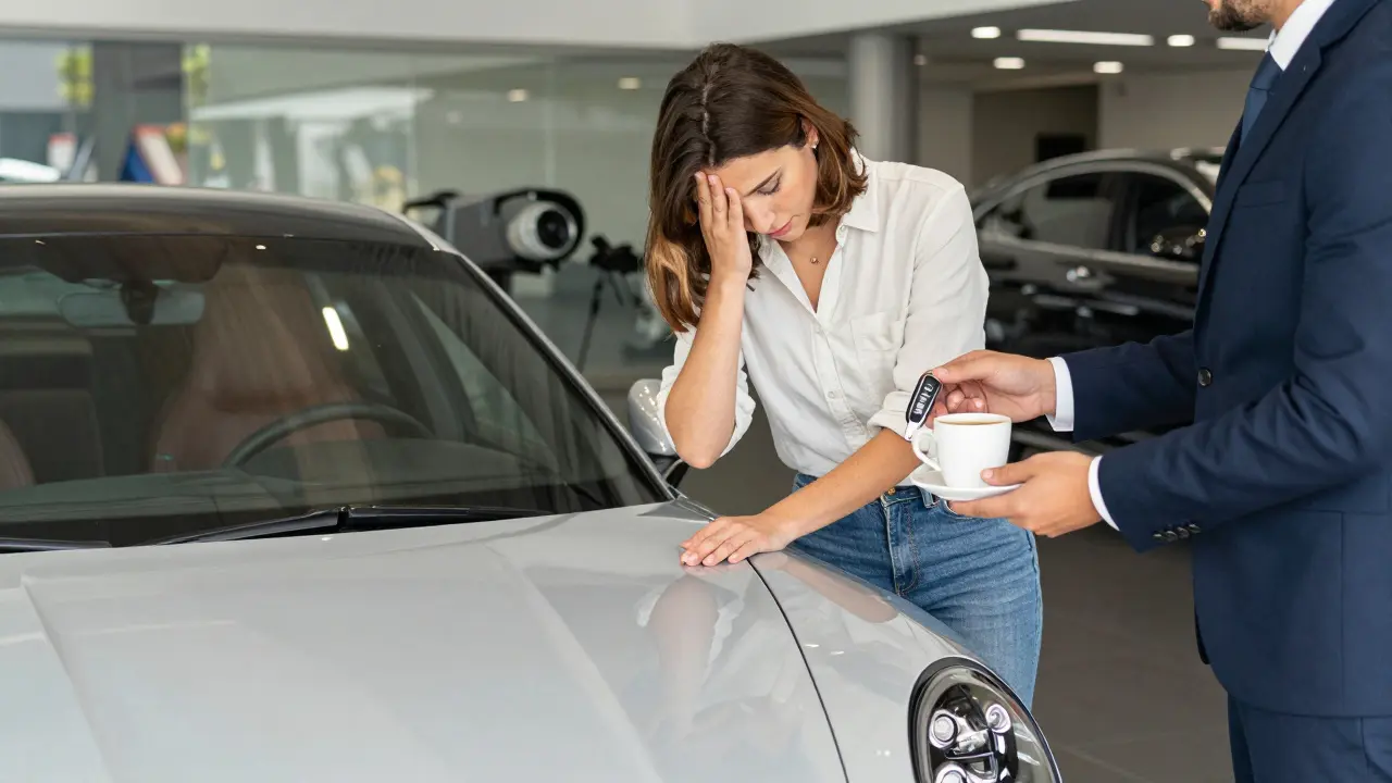 Cliente recibiendo su Porsche personalizado en un concesionario de Valencia, con llave grabada y café.