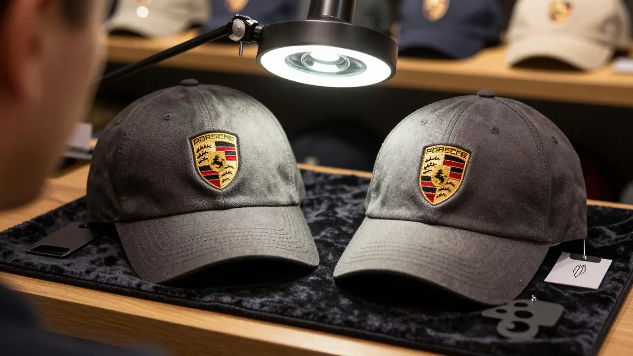 Comparación visual entre una gorra Porsche auténtica y una falsificación, destacando diferencias en tejido y logotipo.