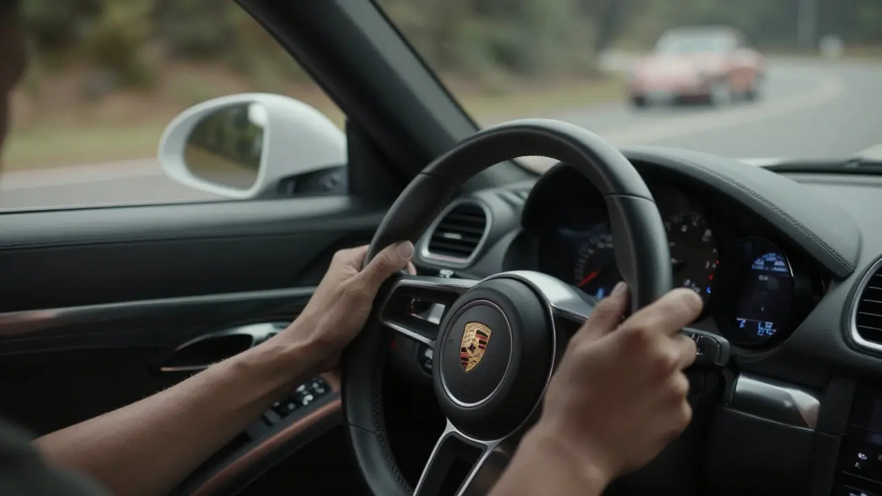 Driver's hands on the steering wheel of a Porsche 718 with blurred road behind.