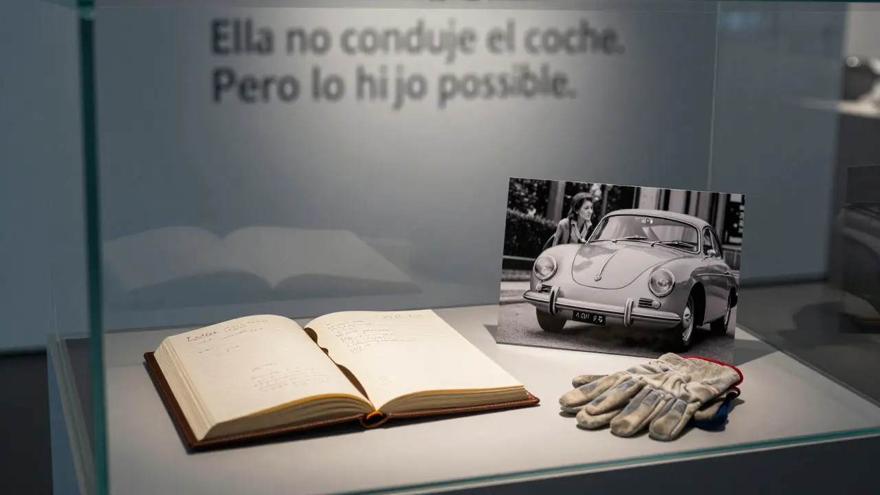 En el Museo Porsche, se exhiben los guantes, diario y foto personal de Lotte Porsche, bajo una luz sutil y elegante.