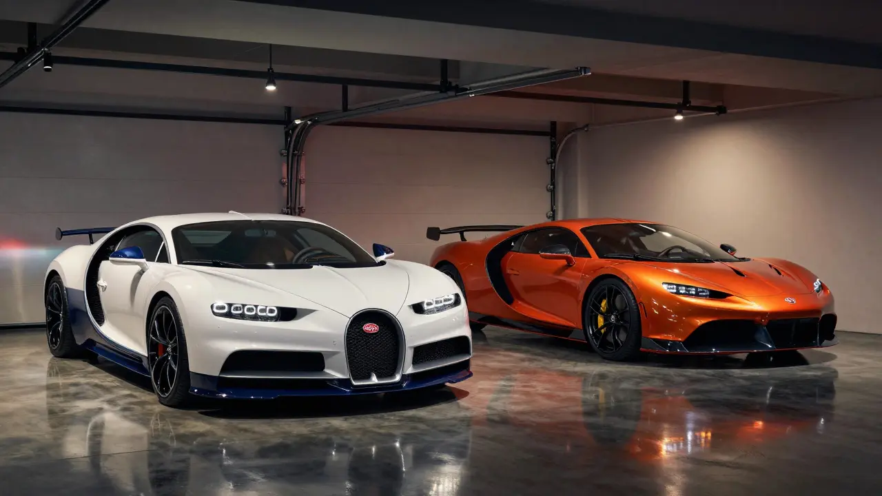 Garaje de lujo con múltiples supercoches bajo iluminación focalizada