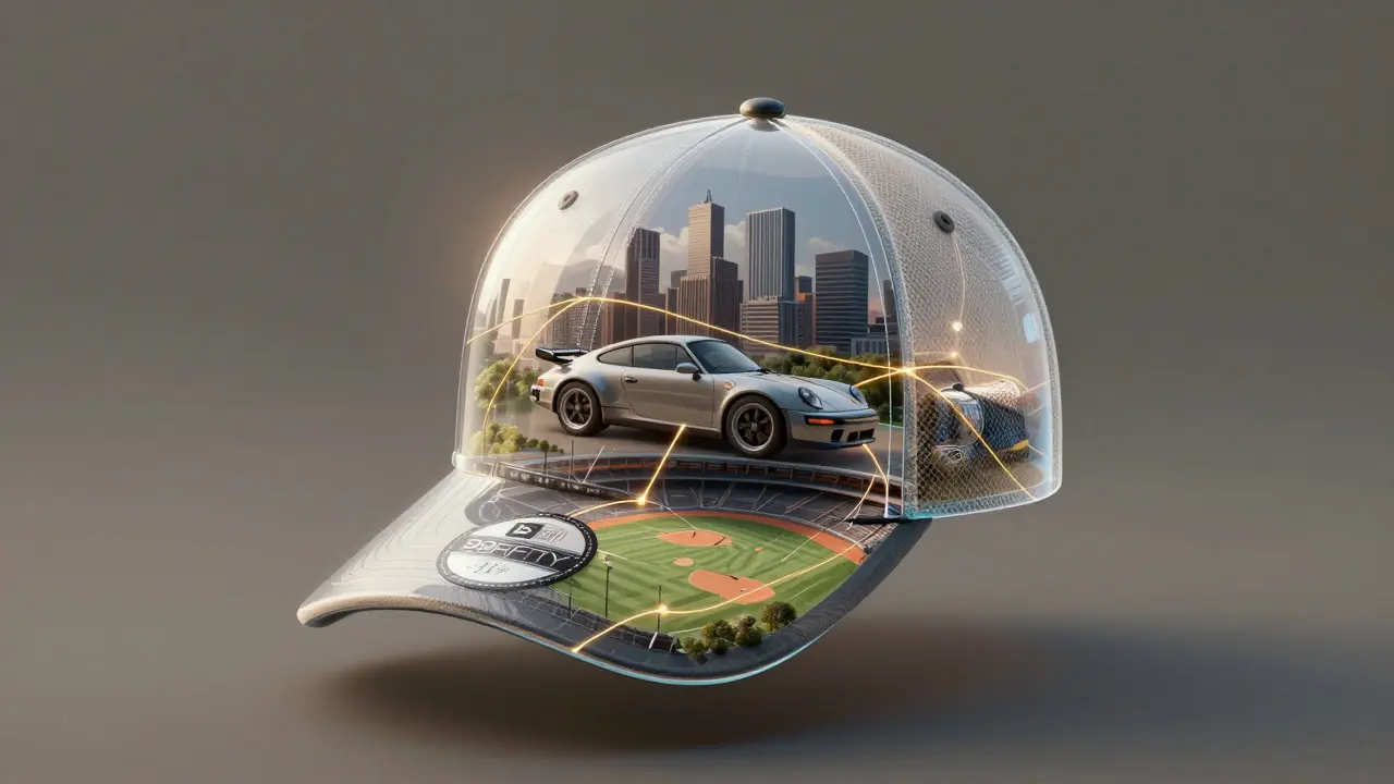 Gorra 59FIFTY flotante con estadio, Porsche 911 y ciudad en capas simbólicas.