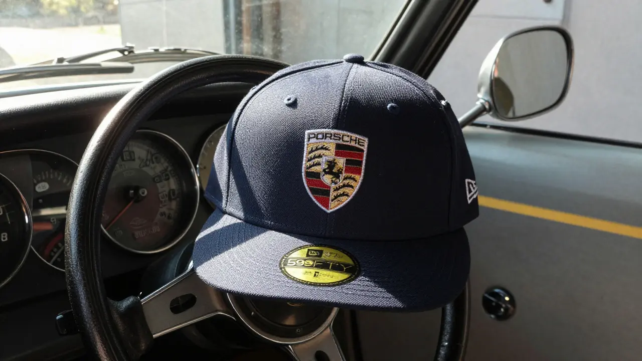 Gorra 59FIFTY sobre volante de Porsche, con logotipo bordado y luz de garaje.