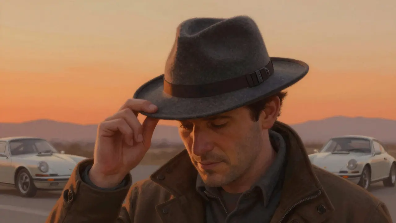 Hombre usando una gorra de lana Stetson inspirada en Porsche al atardecer en Valencia.