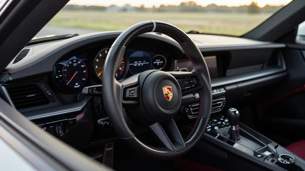 Interior de un Porsche 911 GT3 con volante de fibra de carbono y palanca de cambios manual bajo la luz de la mañana.